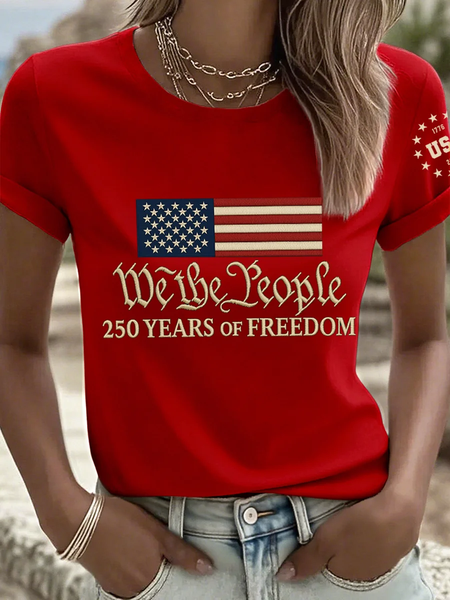 

Casual America Flag Crew Neck Short Sleeve T-shirt, Red, T-shirts