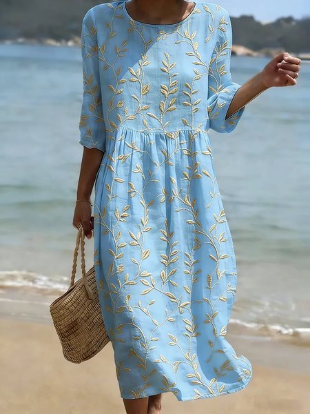 

Women Leaf Summer Dress Half Sleeve A-Line Dress, Blue, Dresses
