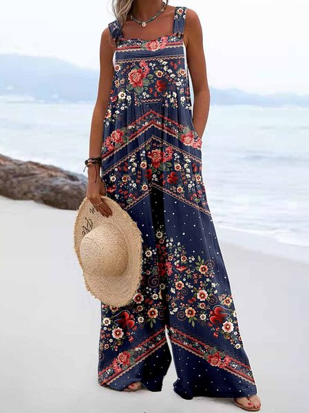 

Women Floral Square Neck Sleeveless Casual Summer Jumpsuit, Purplish blue, Jumpsuits&Rompers