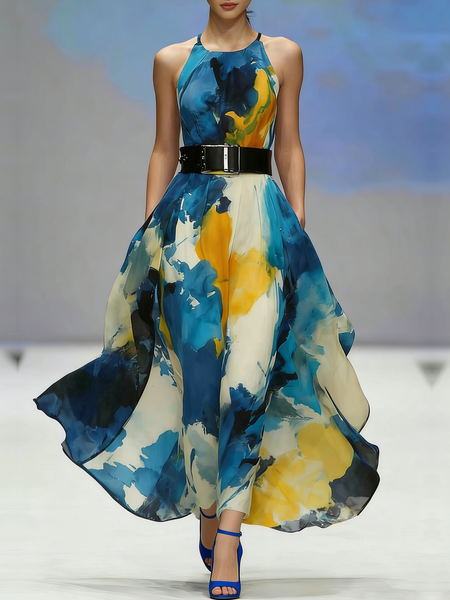 

Vacation Random Print Halter Maxi Dress No Belt, As picture, Maxi Dresses