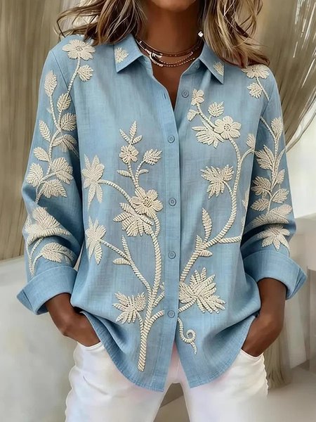 

Shirt Collar Long Sleeve Floral Regular Loose Shirt For Women, Blue, Shirts