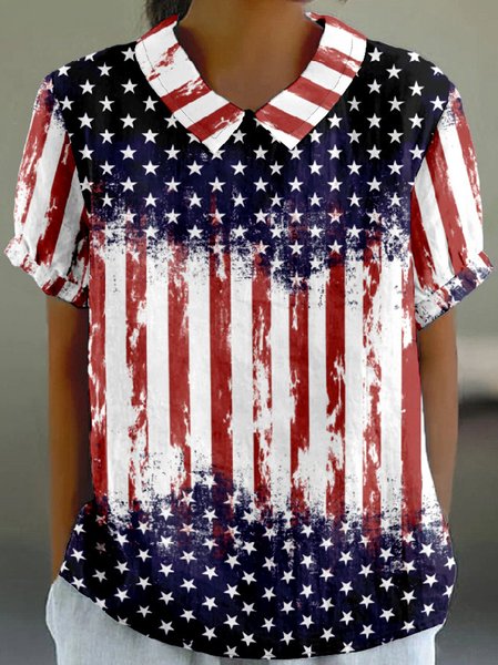 

Casual 3D Printing Shawl Collar Short Sleeve T-shirt, Red-blue, Blouses