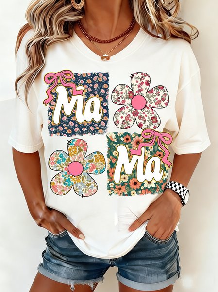 

Casual Floral Crew Neck Short Sleeve T-shirt, Color1, T-shirts