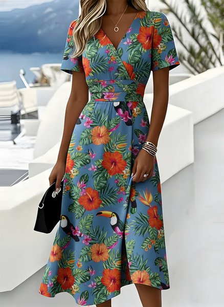 

Women Floral Summer Dress V Neck Short Sleeve Beach Dress A-Line Dress, Blue, Dresses