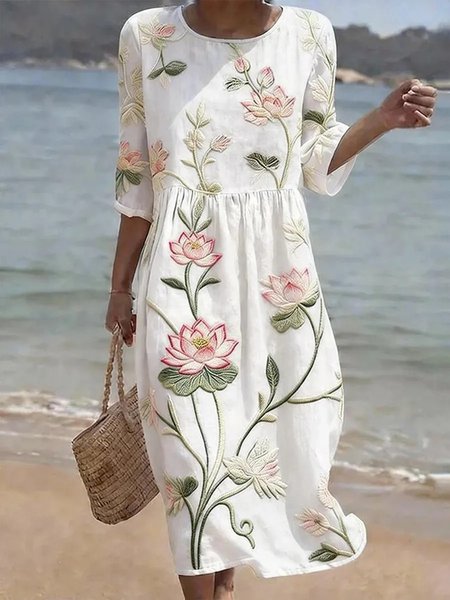 

Women Floral Summer Dress Half Sleeve A-Line Dress, White, Dresses
