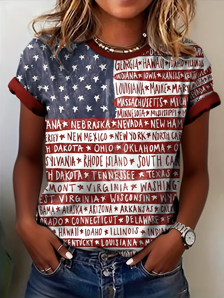 

Casual America Flag Crew Neck Short Sleeve T-shirt, Red, T-shirts