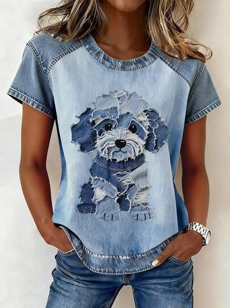 

Women Dog Short Sleeve Tee T-shirt Crew Neck Printing Vintage Summer Top, Blue, T-Shirts