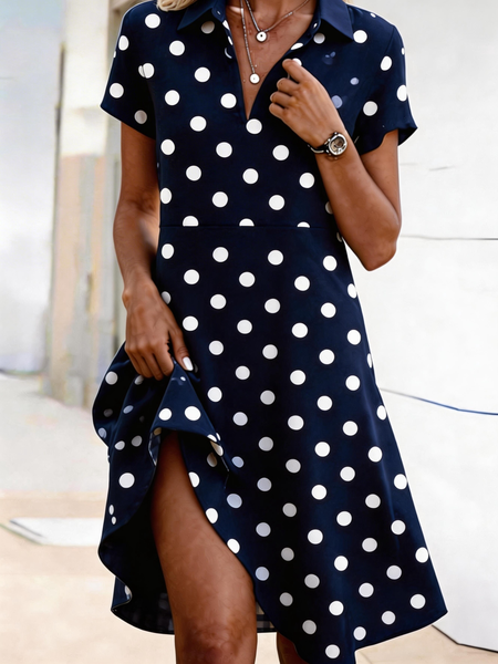 

Women Polka Dots Summer Dress Shirt Collar Short Sleeve Shirt Dress A-Line Dress, Purplish blue, Dresses