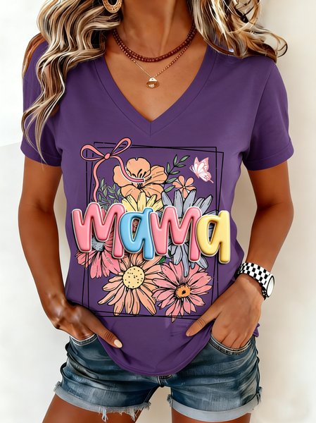 

Casual Floral V Neck Short Sleeve T-shirt, Purple, T-shirts