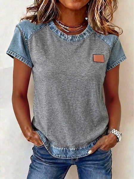 

Women Plain Short Sleeve Tee T-shirt Crew Neck Printing Vintage Summer Top, Gray, T-Shirts