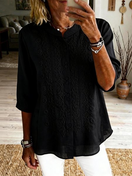 

Shawl Collar Half Sleeve Floral Regular Loose Shirt For Women, Black, Shirts