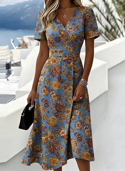 

Women Floral Summer Dress V Neck Short Sleeve Beach Dress A-Line Dress, Blue, Dresses