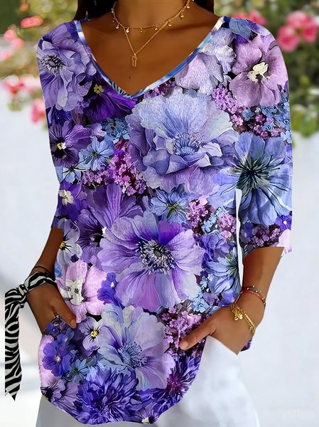 

Casual Floral V Neck Short Sleeve T-shirt, Purple, T-shirts