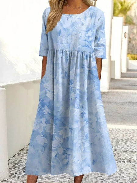 

Women Floral Summer Dress Crew Neck Half Sleeve A-Line Dress, Blue, Dresses