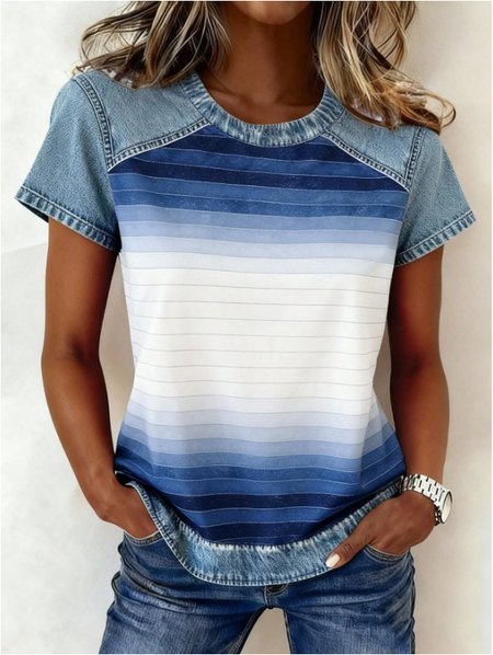 

Vintage Striped Crew Neck Short Sleeve T-shirt, Blue, T-shirts