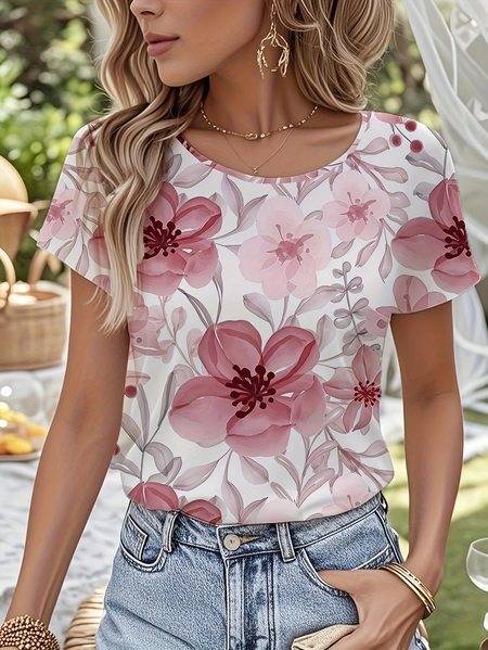 

Women Floral Short Sleeve Tee T-shirt Crew Neck Printing Casual Graphic Tee Summer Top, Pink, T-Shirts