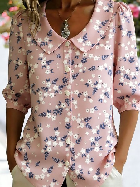 

Shawl Collar Half Sleeve Floral Regular Loose Shirt For Women, Pink, Shirts