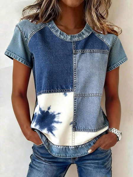

Women Faux Denim Print Graphic Short Sleeve Tee T-shirt Crew Neck Printing Vintage Summer Top, Blue, T-Shirts