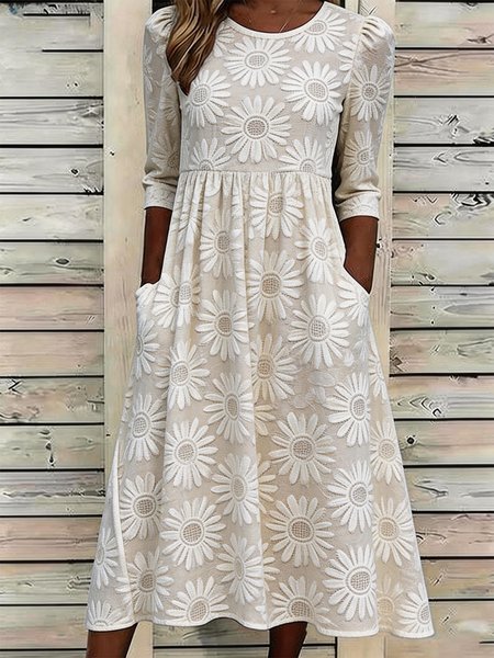 

Women Floral Summer Dress Crew Neck Half Sleeve A-Line Dress, White, Dresses
