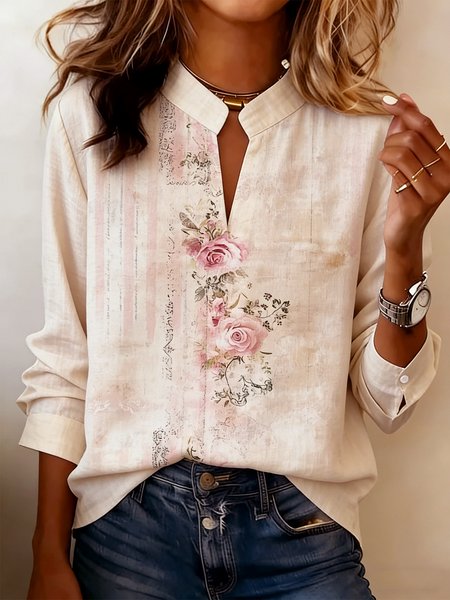 

Long Sleeve Floral Regular Micro-Elasticity Loose Shirt For Women, Pink, Blouses