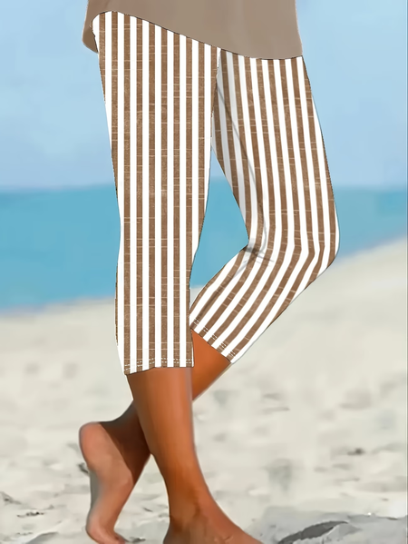 

Women Striped Capris Elastic Waist Pants Casual Summer Trousers, Khaki, Leggings