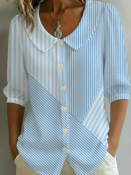 

Shawl Collar Half Sleeve Striped Printing Regular Micro-Elasticity Regular Fit Shirt For Women, Blue, Shirts