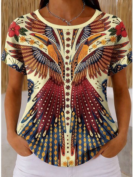 

Vintage Ethnic Geometry Short Sleeve T-shirt, As picture, T-shirts