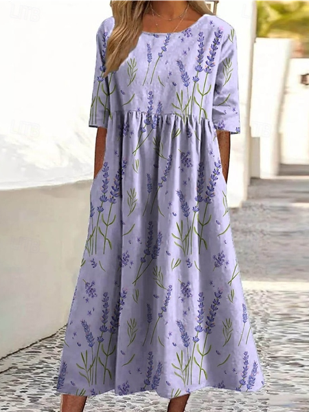 

Women Floral Summer Dress Crew Neck Half Sleeve A-Line Dress, Purple, Dresses