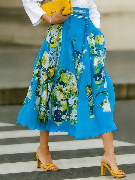 

Elegant Printing Floral Midi Skirt, Blue, Skirts
