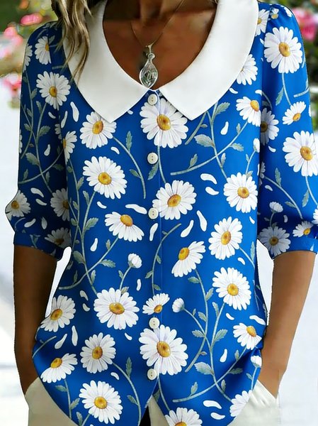 

Shawl Collar Half Sleeve Floral Regular Loose Shirt For Women, Blue, Shirts