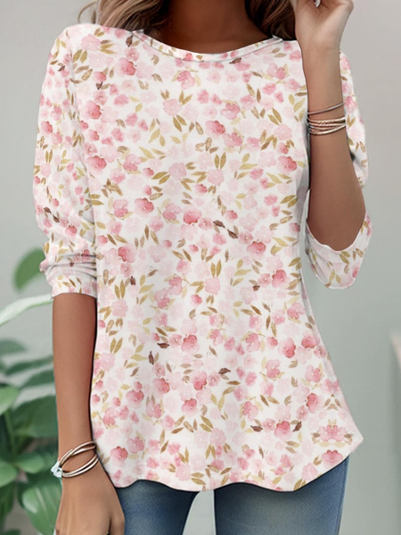 

Women Floral Long Sleeve Tee T-shirt Crew Neck Casual Tunic Spring/Fall Top, Pink, T-Shirts