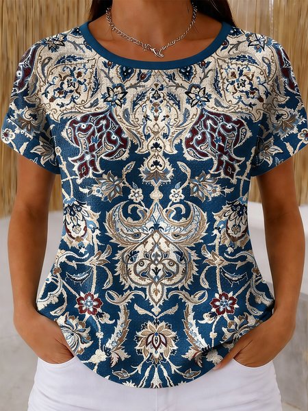 

Vintage Ethnic Geometry Short Sleeve T-shirt, Blue, T-shirts
