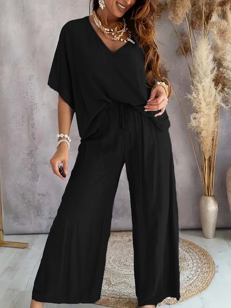 

Women Plain Split Joint Two-Piece Set Daily Half Sleeve Casual Summer Top With Pants Matching Set, Black, Suit Set