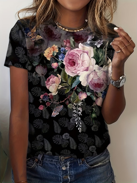 

Casual Floral Crew Neck Short Sleeve T-shirt, Black, T-shirts