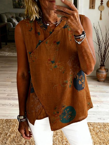 

Sleeveless Floral Lightweight Loose Shirt For Women, Orange, Shirts