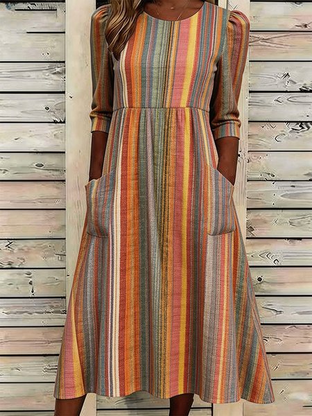 

Women Striped Summer Dress Crew Neck Half Sleeve A-Line Dress, As picture, Dresses