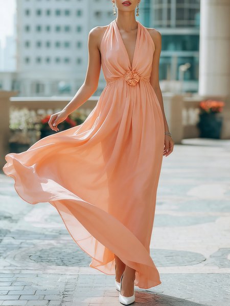 

Vacation Plain 3D Floral V Neck Maxi Dress, Peach, Maxi Dresses