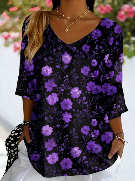 

Casual Floral V Neck Short Sleeve T-shirt, Purple, T-shirts