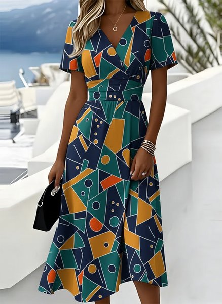 

Women Geometric Summer Dress V Neck Short Sleeve Beach Dress A-Line Dress, Blue, Dresses
