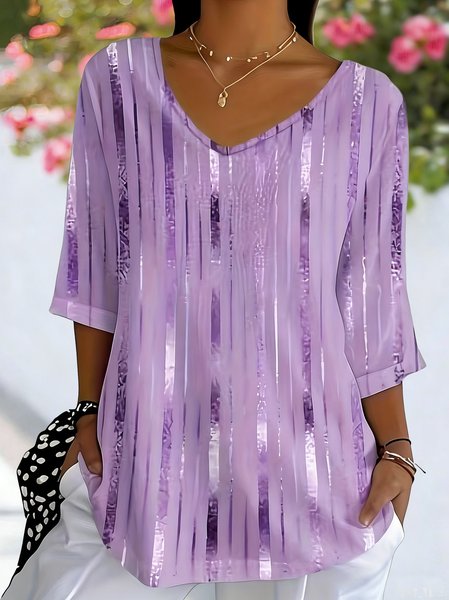 

Casual Abstract V Neck Short Sleeve T-shirt, Purple, T-shirts