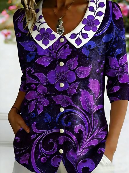 

Shawl Collar Half Sleeve Floral Regular Loose Shirt For Women, Color1, Shirts