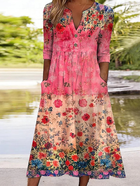 

Women Floral Summer Dress Half Open Collar Half Sleeve A-Line Dress, Deep pink, Dresses