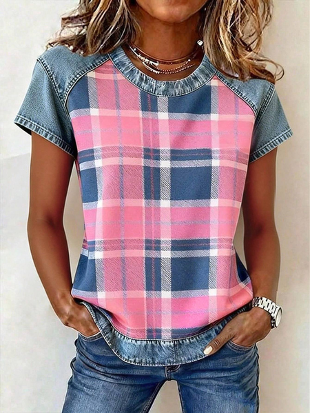

Vintage Plaid Crew Neck Short Sleeve T-shirt, Pink, T-shirts