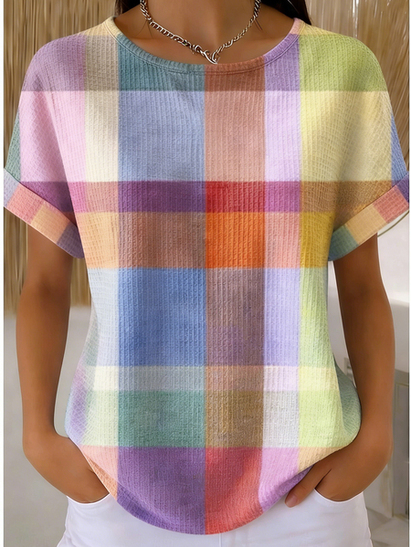 

Vintage Plaid Short Sleeve T-shirt, As picture, T-shirts