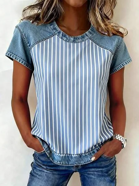 

Vintage Striped Crew Neck Short Sleeve T-shirt, Blue, T-shirts
