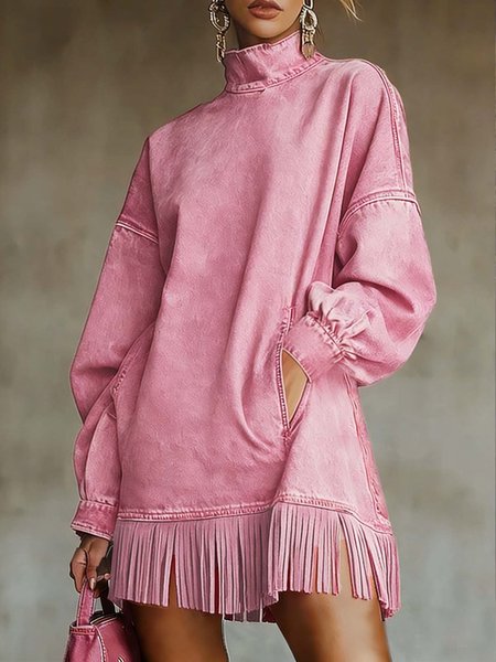 Women Casual Denim Blue Mini Dress Turtleneck H-Line Fall Daily