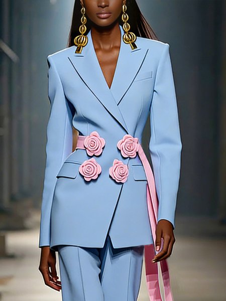 Elegant 3D Floral Plain Lapel Collar Blazer With Belt
