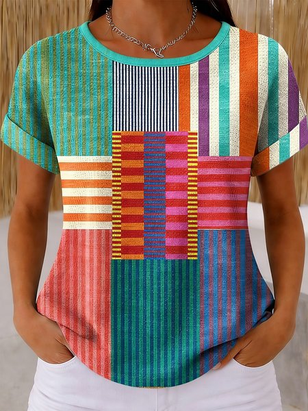 

Vintage Striped Short Sleeve T-shirt, As picture, T-shirts