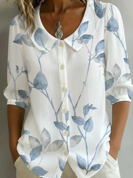 

Women Floral Shawl Collar Half Sleeve Shirt Printing Casual Daily Summer Top, White, Shirts