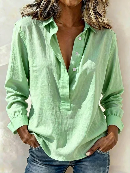 

Shirt Collar Long Sleeve Plain Regular Loose Shirt For Women, Green, Shirts